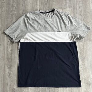 Tahari Gray and Navy Tri Color Block Short Sleeve Tee Shirt